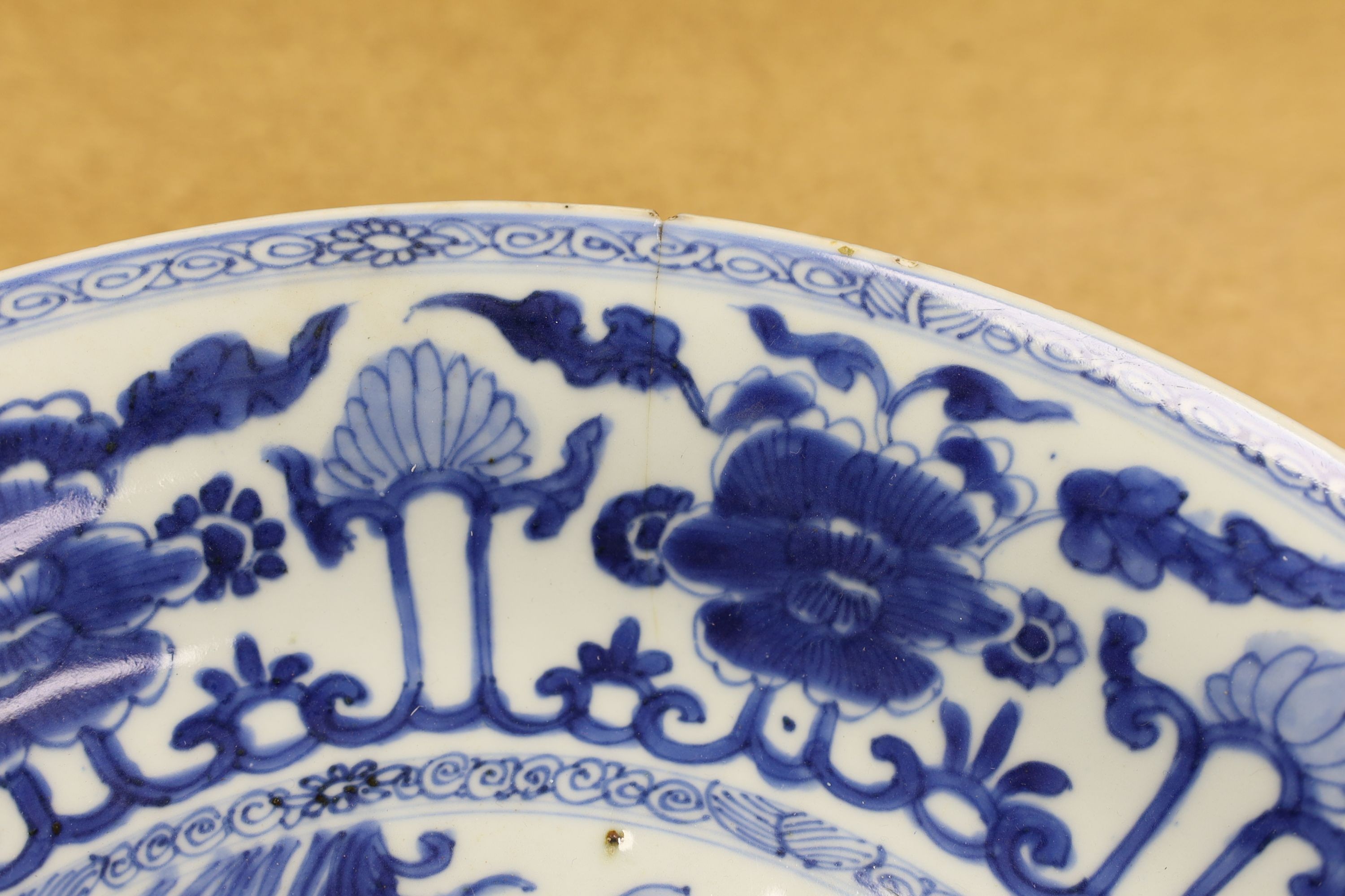 A Chinese blue and white ‘lotus’ dish, Kangxi period, 35cm